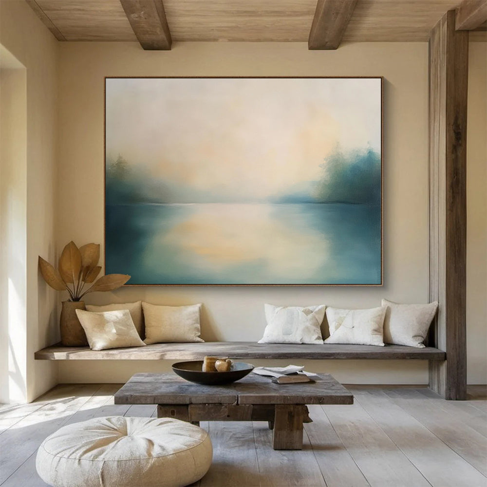 “Misty Lake Serenity” - Blue, Beige, Green, Misty Lake Landscape Painting On Canvas HB0993