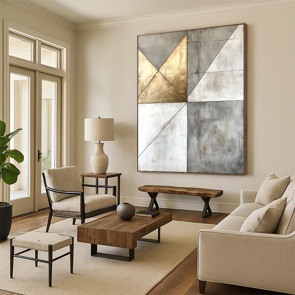 Gray, White, Gold, Geometric Triangles "Gilded Pyramid" Abstract Minimalist Painting On Canvas HB141