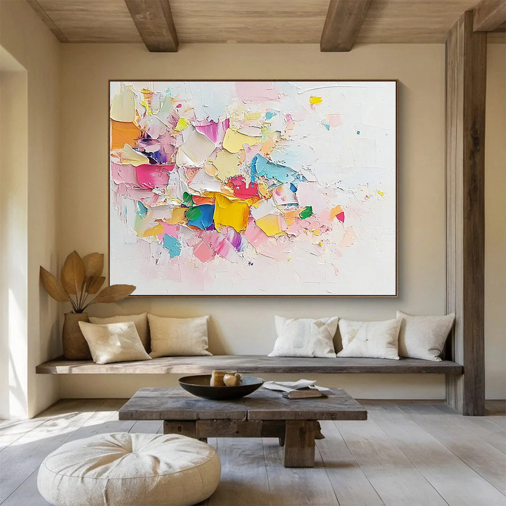 “Colorful Textured Abstract Collage” - Pink, yellow, blue, green, purple; Textured abstract collage; Mixed Media Painting On Canvas HB1223