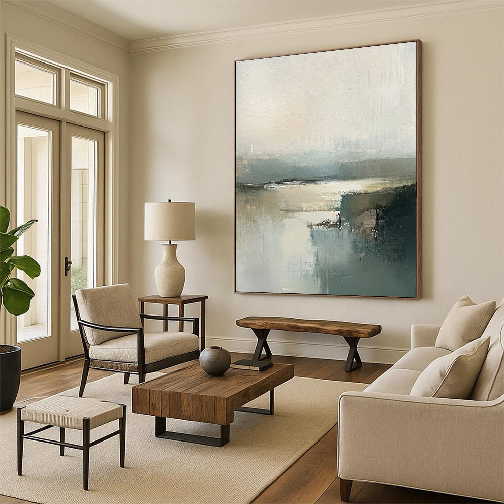 Contemporary abstract art featuring an Irish landscape with expressive brush strokes in grey and green tones and a hazy neutral palette. DLZ0461