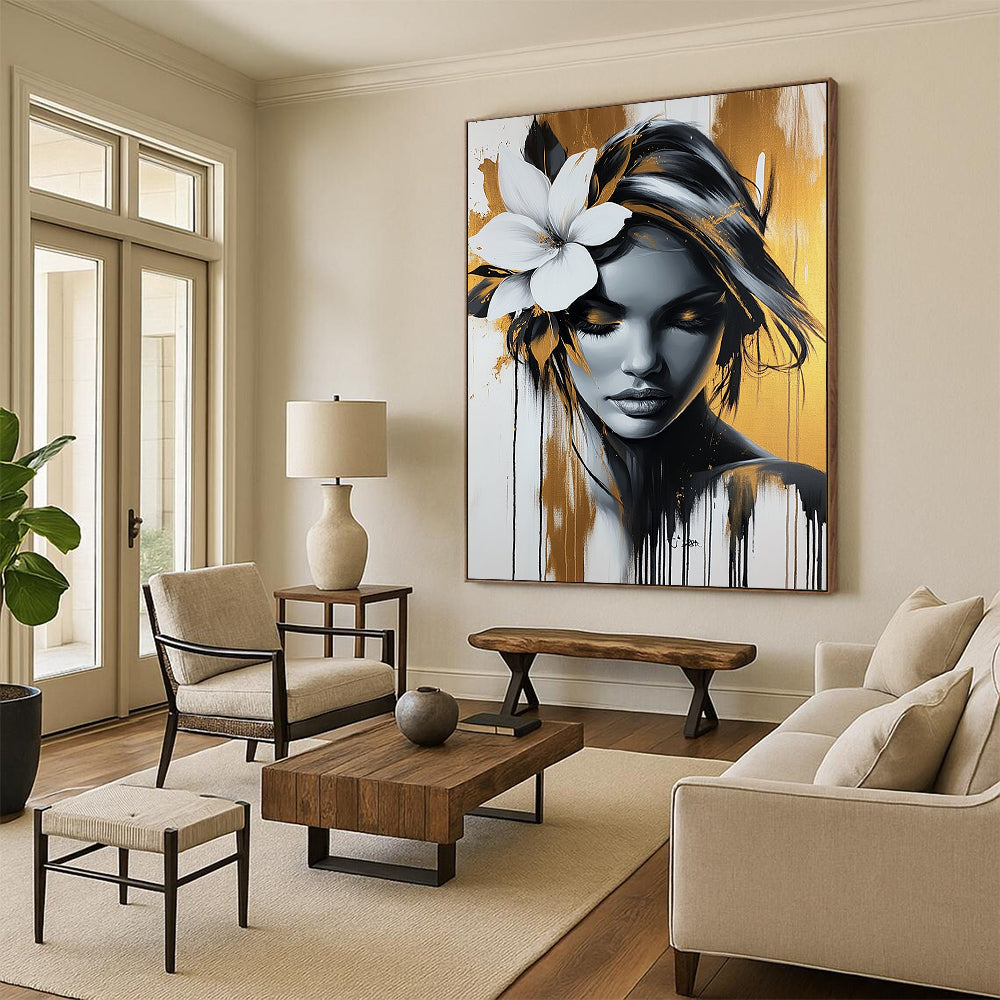 Contemporary abstract artwork featuring an elegant woman with a white flower, gold and black palette, dripping paint effect against a white background. DLZ1404