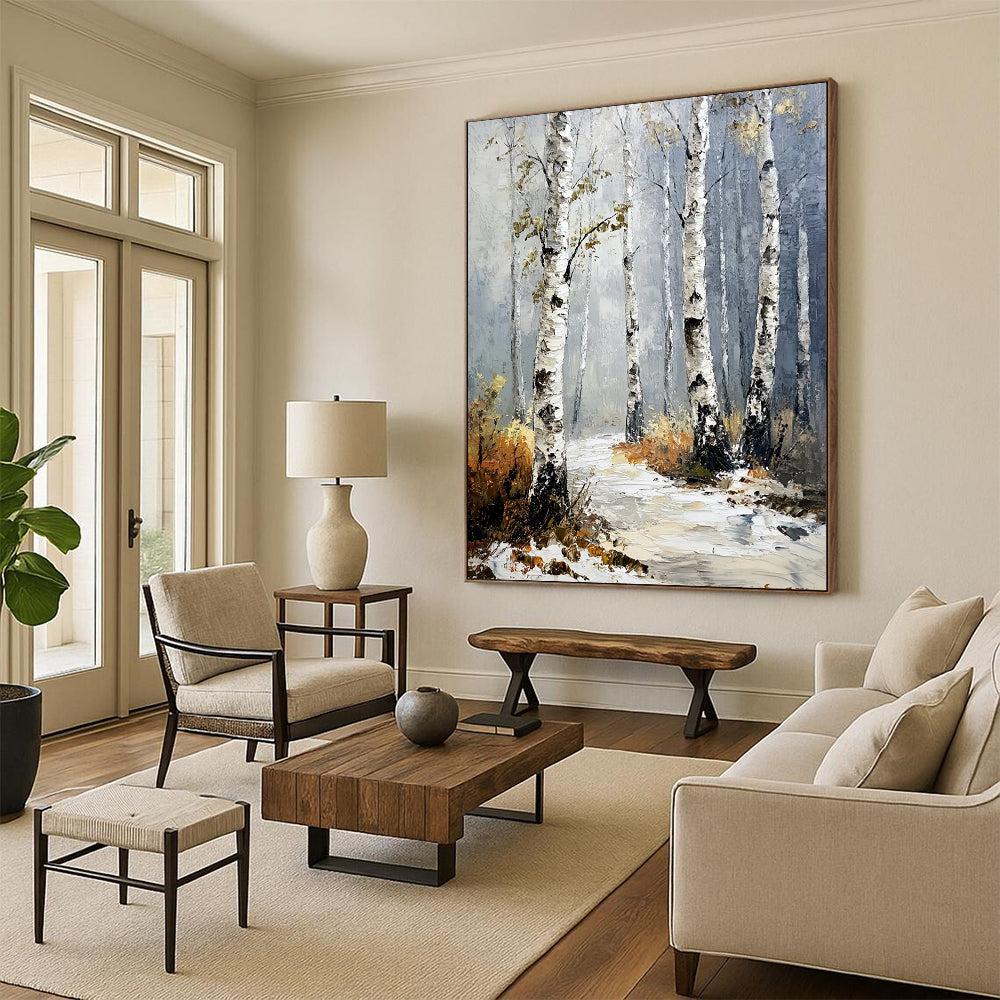 Contemporary abstract painting featuring birch trees with textured white bark and green leaves amidst a foggy atmosphere and snowy ground. DLZ1101