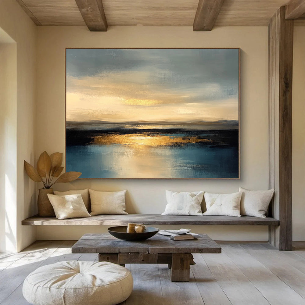 “Golden Sunset Reflection” - Gray, Gold, Blue - Abstract Sunset Over Water - Acrylic Painting HB1306