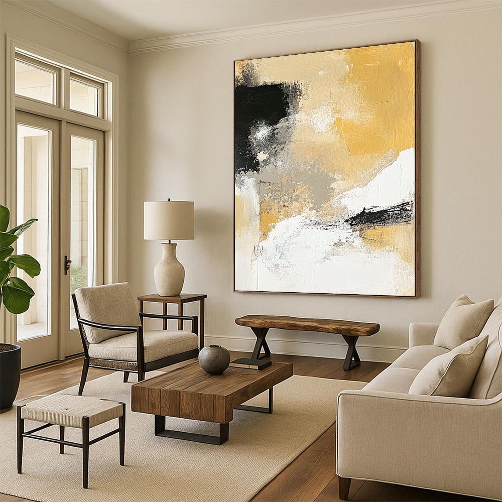 Contemporary hand-painted abstract artwork featuring neutral tones in black and white combined with vibrant yellow for a striking visual impact. DLZ0278