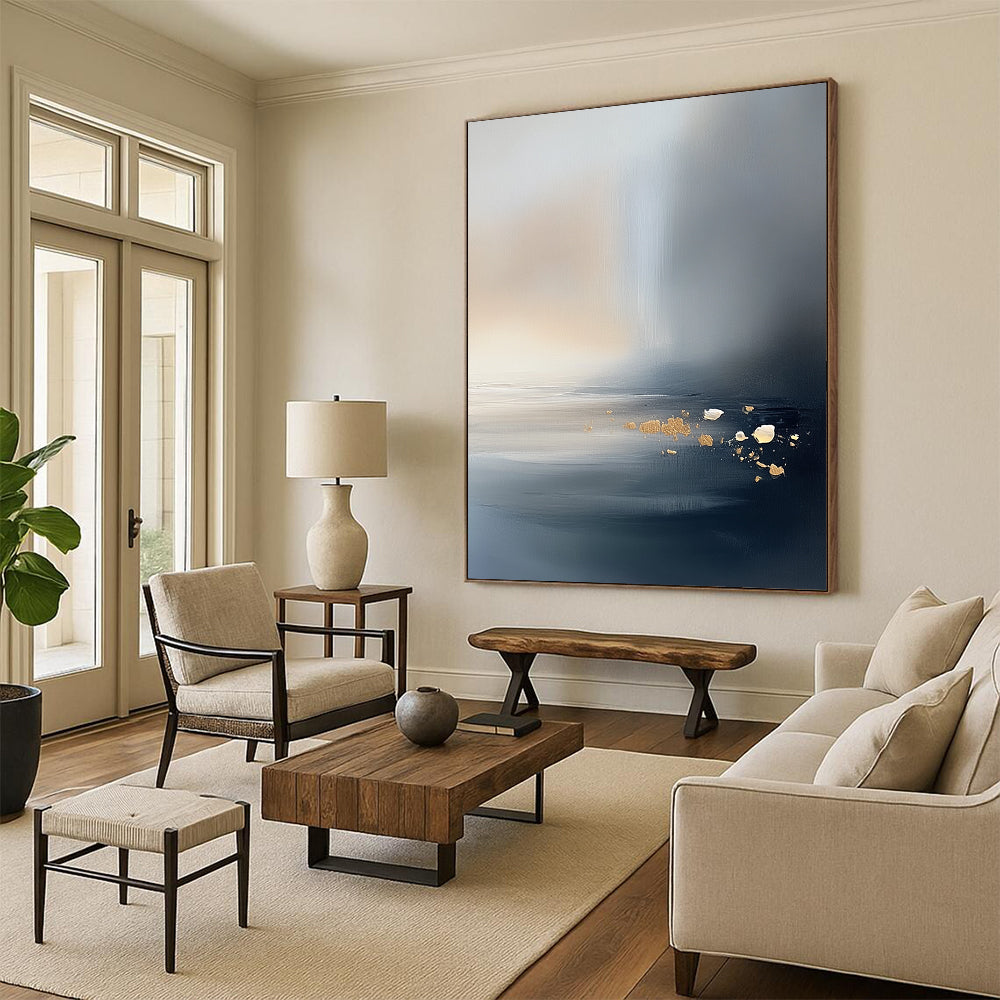 Large contemporary hand-painted abstract artwork featuring a serene misty ocean and sky with neutral tones and subtle gold and silver accents. DLZ0473