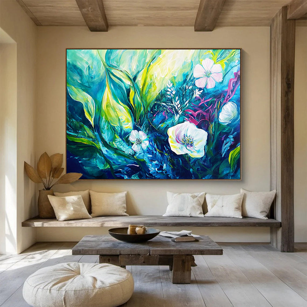 “Teal - Green Floral Abstraction” - Teal, Green, Abstract Floral, Lush Brushstrokes HB1124