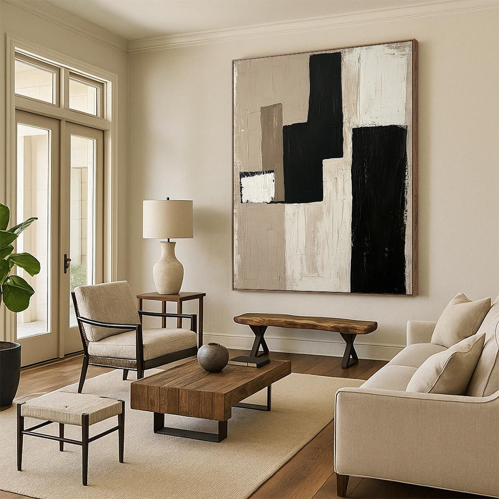 Contemporary hand-painted abstract artwork features minimalist composition with a monochromatic palette of beige black and white on unprimed canvas. DLZ0933