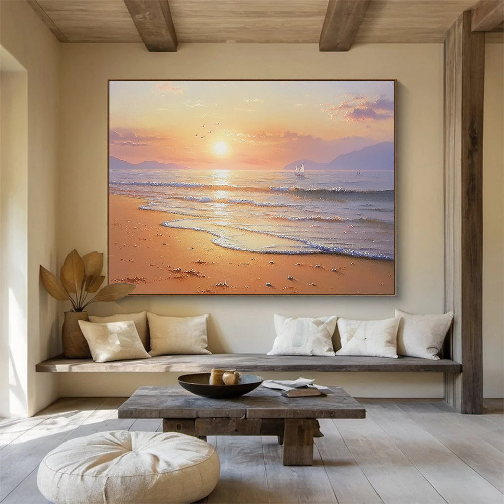 “Vibrant Beach Sunrise” - Orange, Pink, Gold, Realistic - Impressionist Seaside Painting On Canvas HB0677