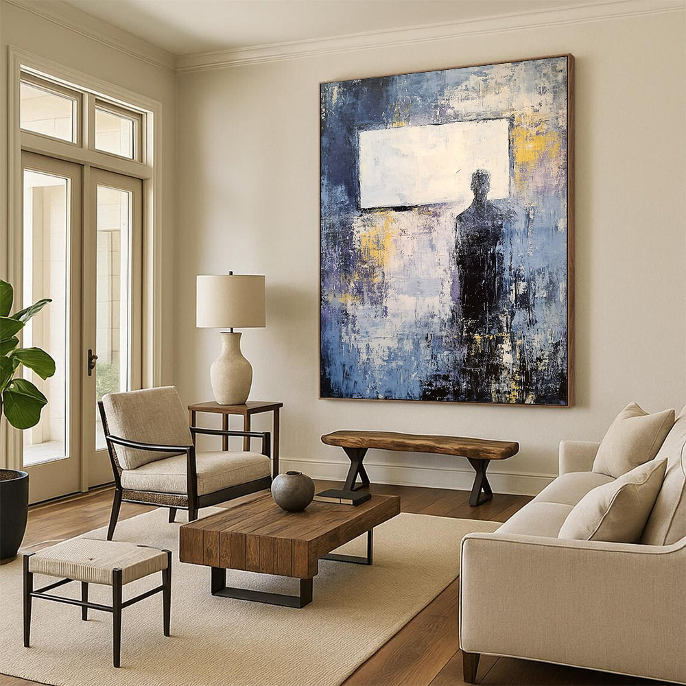 Large contemporary abstract painting featuring soft gray and blue tones with yellow accents and a vintage white rectangle on a dark grungy background. DLZ0503