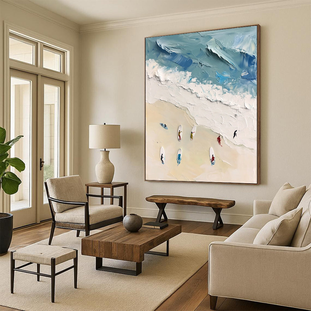 Large contemporary abstract artwork featuring vibrant acrylic colors capturing surfers in motion against a white sand beach backdrop in soft blues and greens. DLZ0842