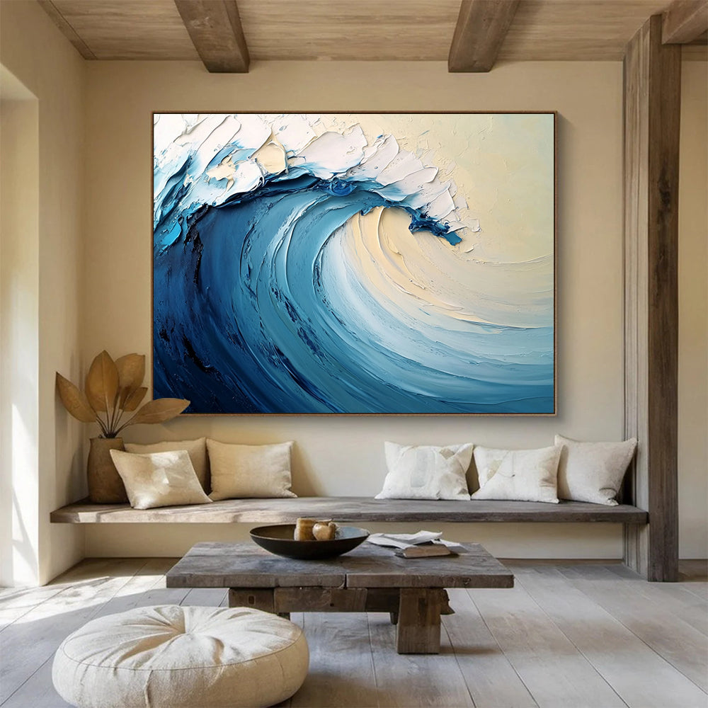 “Smooth Ocean Wave” - Blue, White, Beige, Abstract Surf - Palette Knife Oil Painting HB1505