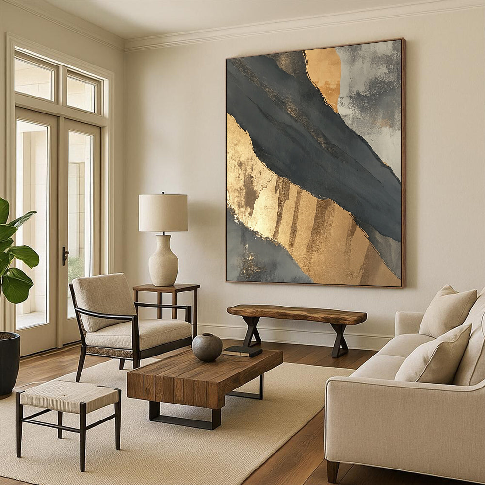 Contemporary large hand-painted abstract artwork featuring intricate black and gray patterns highlighted by elegant gold accents. DLZ1715