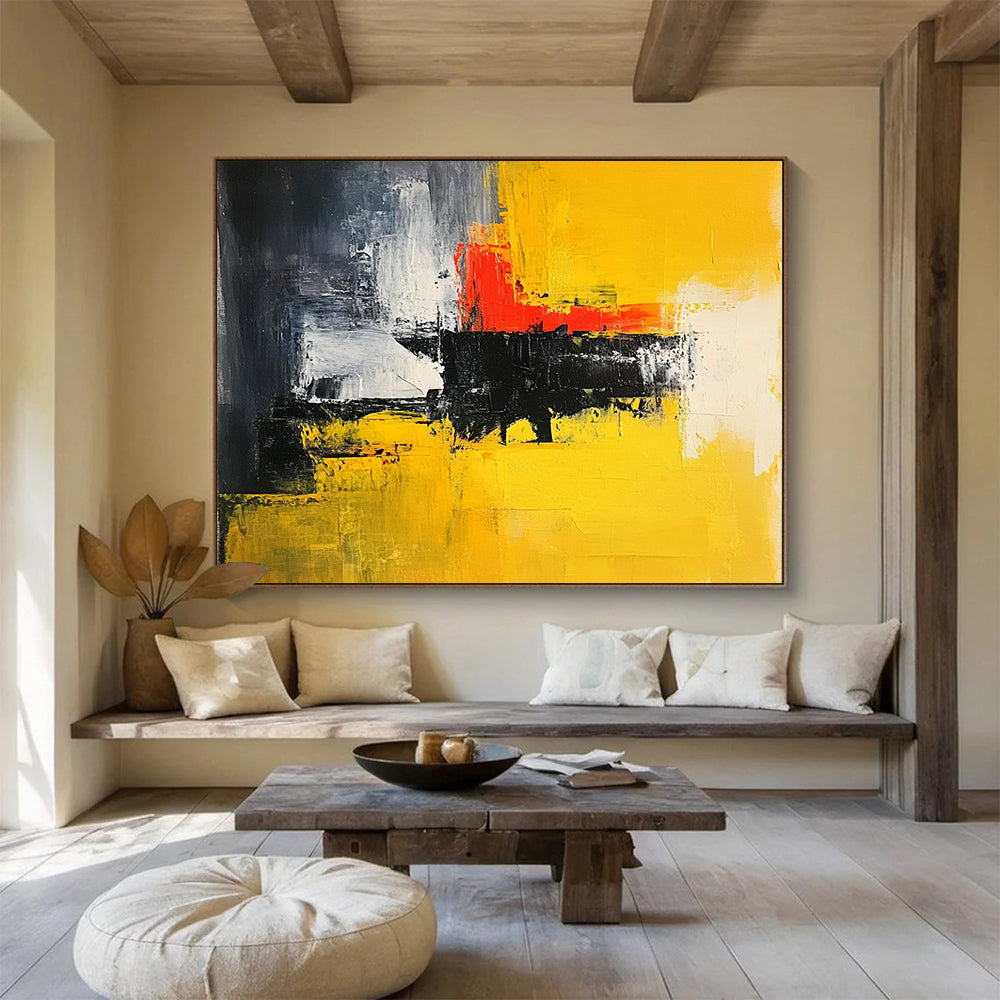 “Yellow Red Black Abstract” - Yellow, Red, Black, White, Gray, Textured Brushstrokes - Painting On Canvas HB1442