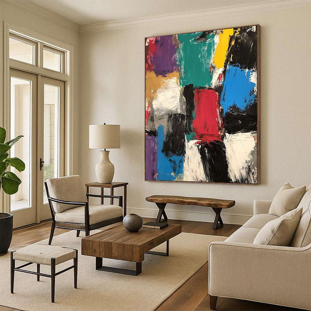 Large contemporary hand-painted abstract artwork featuring thick brush strokes and mixed media in vibrant colors, inspired by Jean Dubuffet's expressive style. DLZ0934