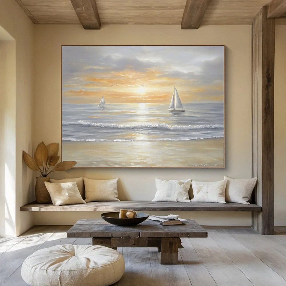 “Sailboats at Dusk” - Neutrals, Oranges, Yellows, Sailboats on Calm Sea at Sunset - Oil Painting HB1757