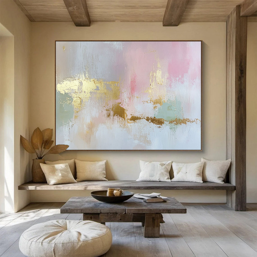 “Blush and Gold Elegance” - Pink, Gold, Gray, Green, Soft Textures - Abstract Minimalist - Inspired Acrylic Painting HB1554