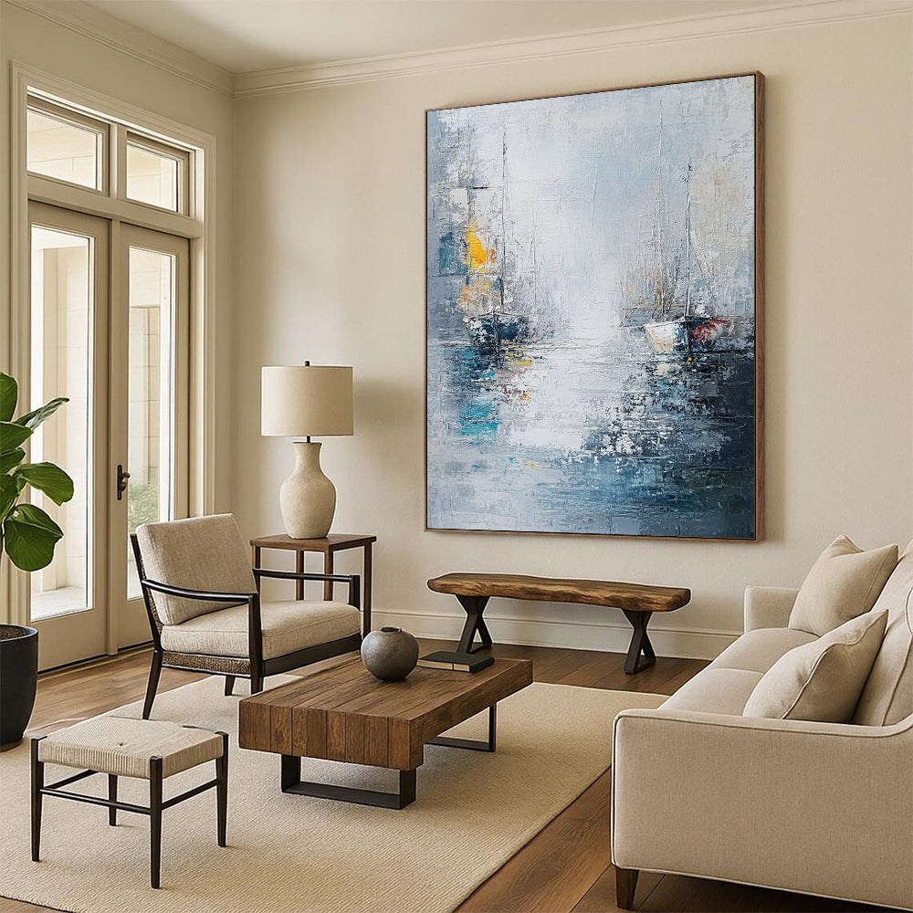 Contemporary abstract painting featuring sea and ships in a white gray blue palette with thick oil brush strokes. DLZ0636