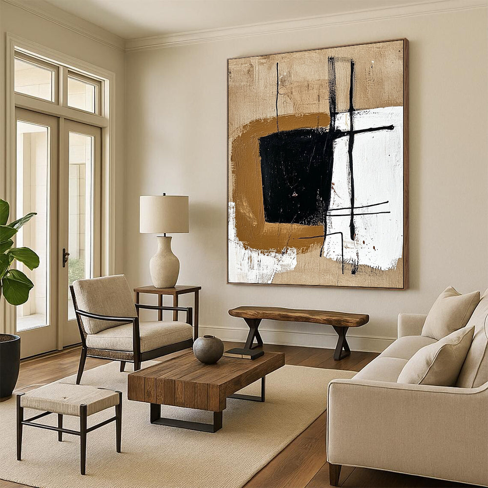 Contemporary abstract painting featuring a brown shape with black lines on beige, enhanced by brown and white geometric forms for a minimalistic touch. DLZ1160
