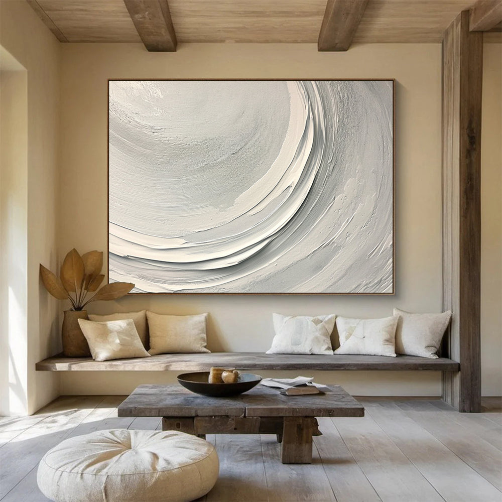 “Smooth White Circular Textured Strokes” - Minimalist Abstract Painting On Canvas HB0511