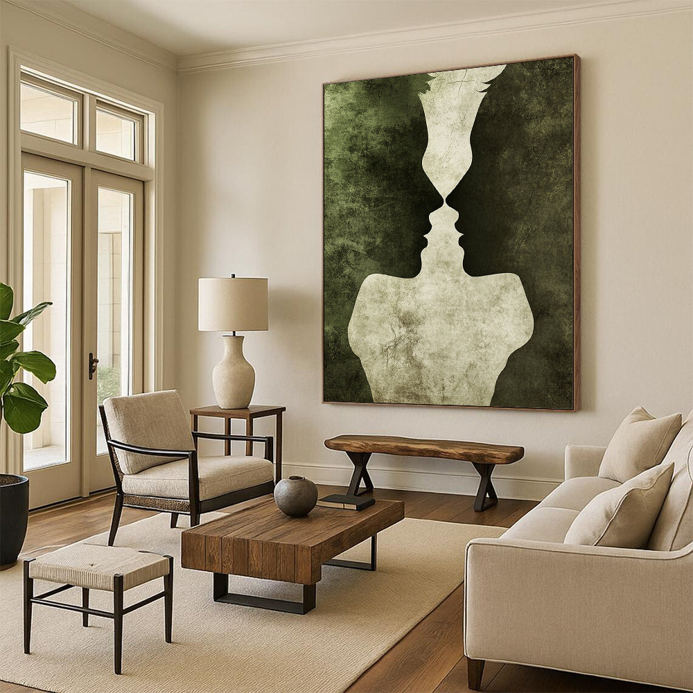 Contemporary hand-painted abstract artwork featuring entwined silhouettes in dark green and gray tones symbolizing love with rich textures and romantic atmosphere. DLZ1337