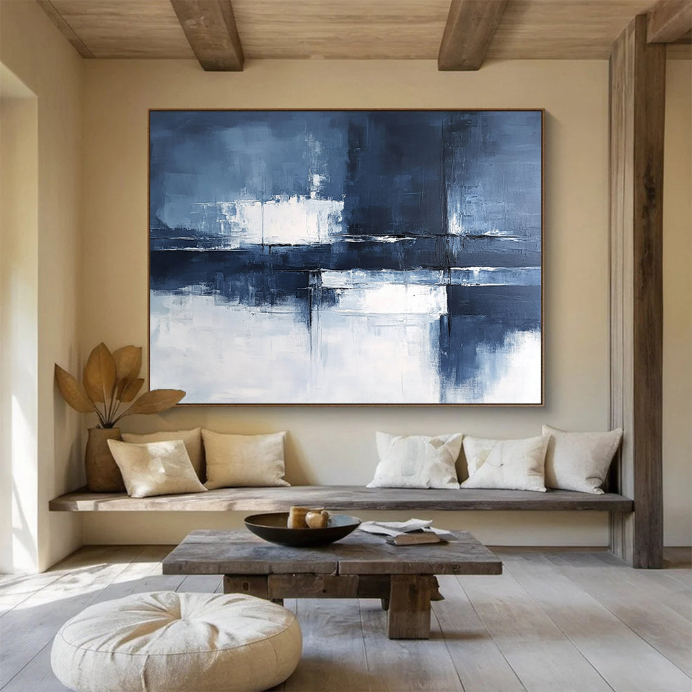 “Blue - Gray Abstract Geometric Reflections” - Blue, Gray, White, Geometric Reflections Painting On Canvas HB0831