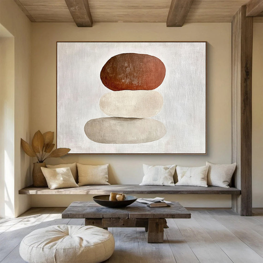 “Stacked Stones in Earth Tones” - Brown, beige, gray stones, Minimalist Still - Life Painting On Canvas HB0606