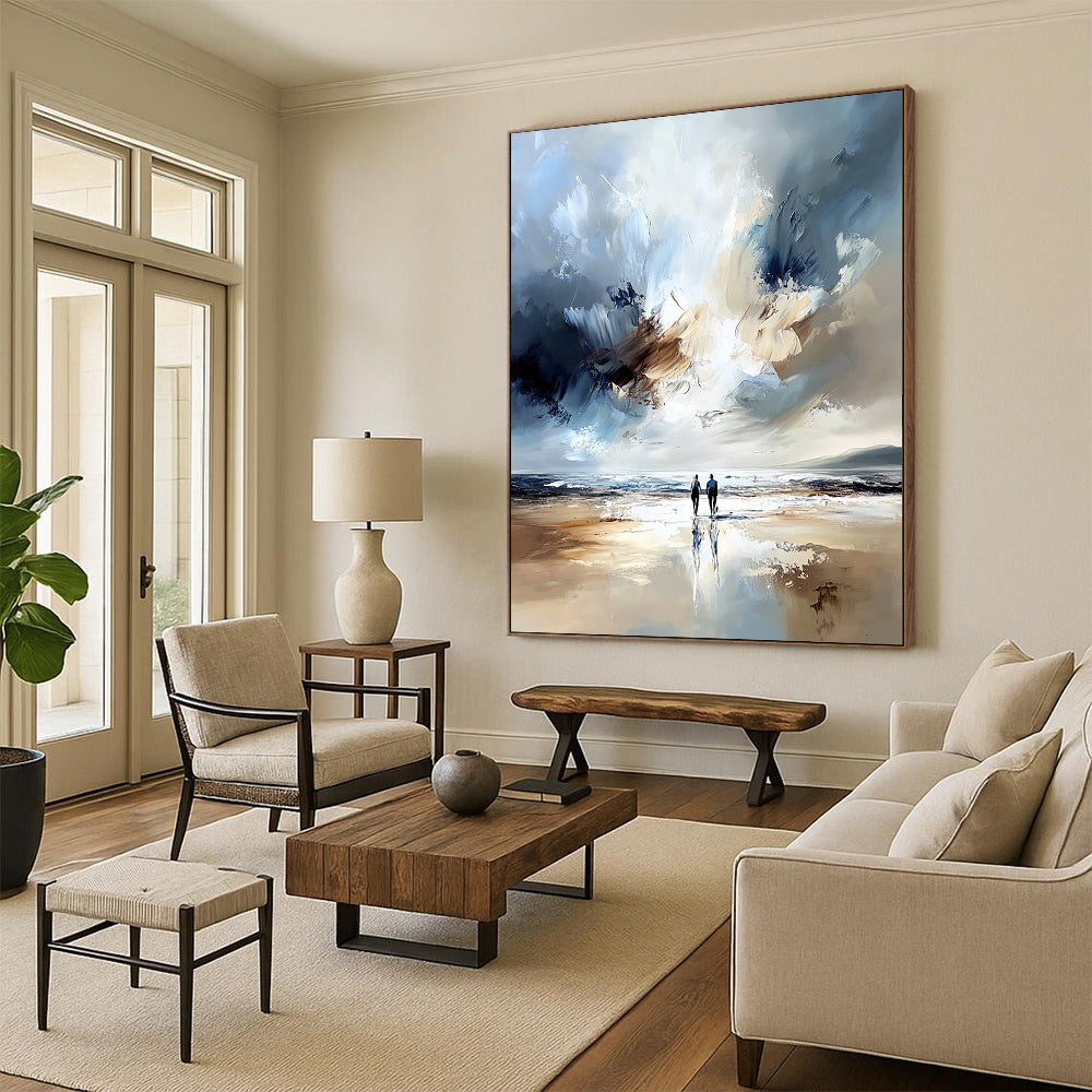 Contemporary abstract painting featuring two figures on a beach with a vast sea soft tones expressive brushstrokes and ethereal light effects. DLZ1126