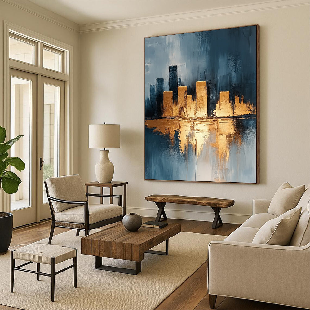 Contemporary hand-painted abstract artwork featuring a neutral urban cityscape with gold accents on canvas texture in vibrant UHD quality. DLZ0337