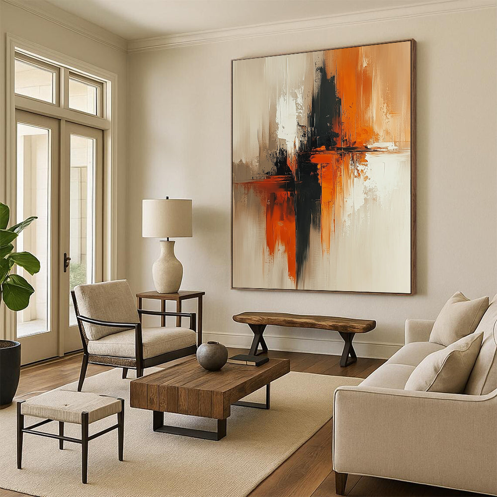 Contemporary abstract artwork features beige and rust tones, vertical composition, large brush strokes, soft edges, and blurred details on textured canvas. DLZ0727