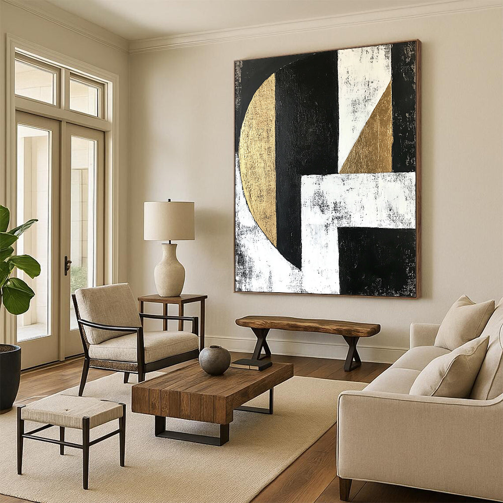 Black, White, Gray and Gold Geometric Abstraction "Subtle Harmony" Painting On Canvas HB378