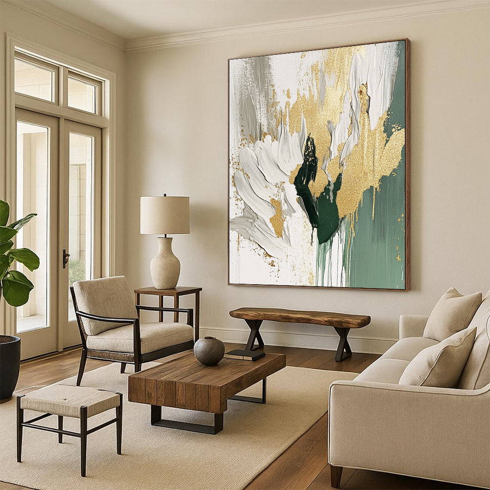 Contemporary abstract artwork featuring a beige and white palette with gold foil accents flowing brush strokes and sage green splashes on a white background. DLZ0906