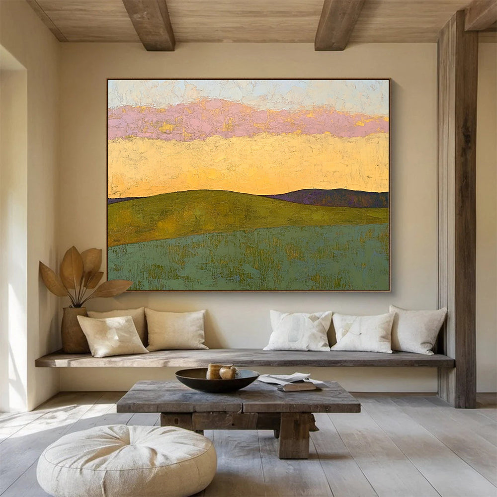 “Colorful Horizon Landscape” - Pink, Yellow, Green, Textured Layers, Abstract Landscape Painting On Canvas HB0905