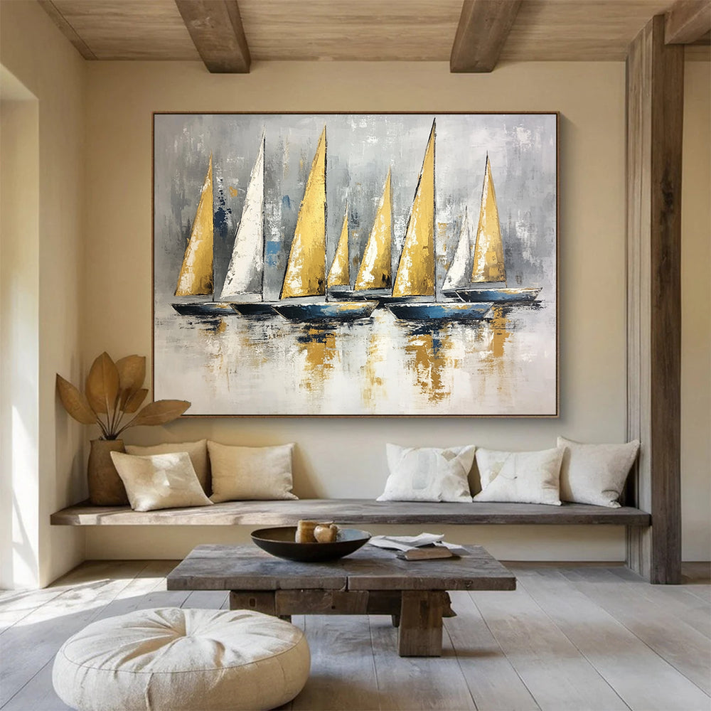 “Gold and Gray Sail Fleet” - Gold, Gray, Blue, Sailboats on Calm Water - Textured Oil Painting HB1733