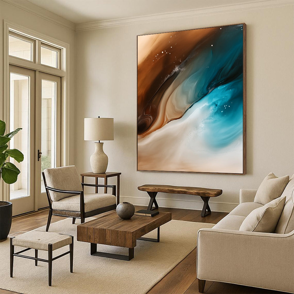 Contemporary abstract artwork features fluid shapes of sand and ocean waves in brown white teal and blue with smooth brushstrokes and a gradient background. DLZ0993