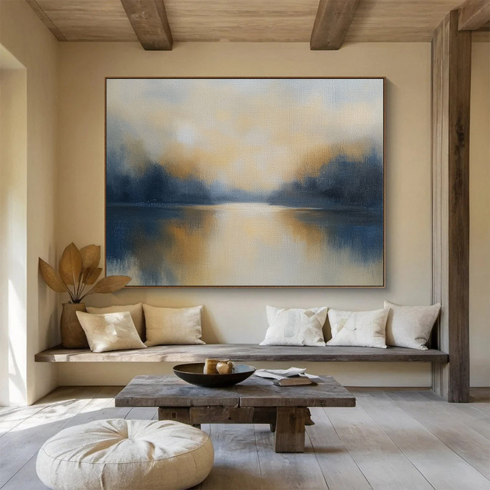 “Misty Lake at Dawn” - Greys, Yellows, Blues, Foggy Lake - Minimalist Oil Painting HB1569