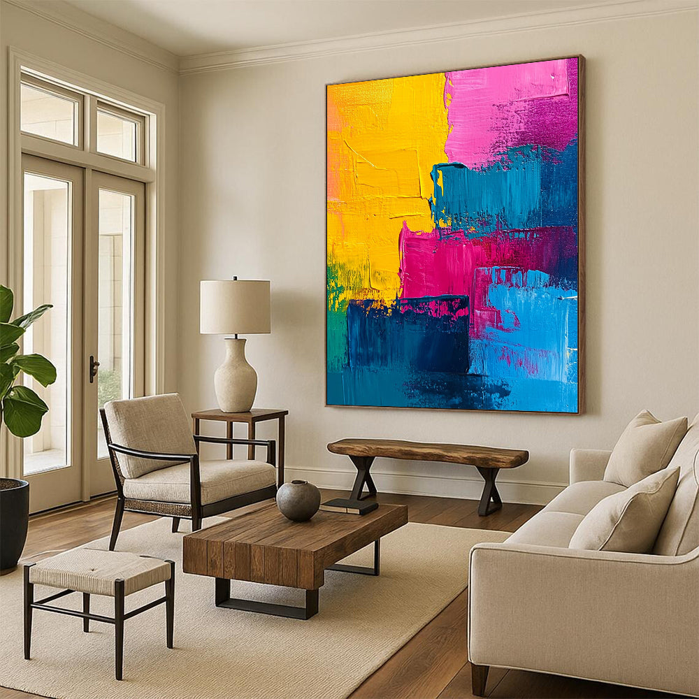 Contemporary abstract painting features vibrant pink blue yellow and teal acrylic swirls creating a dynamic and energetic visual experience. DLZ0811