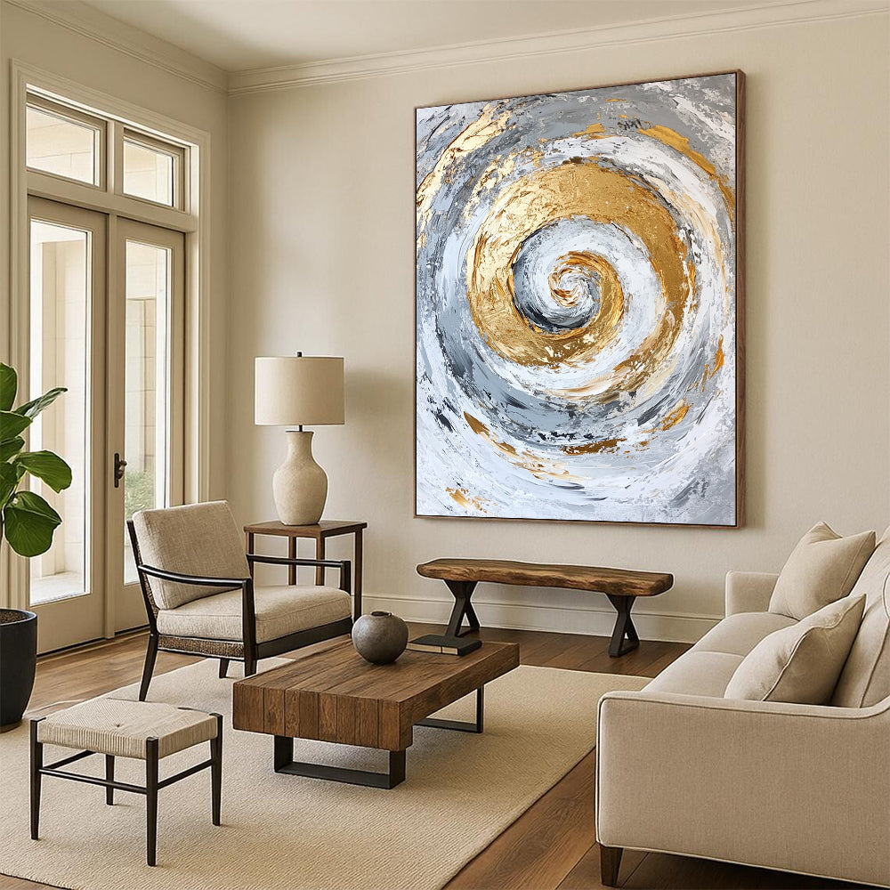 Contemporary hand-painted abstract artwork featuring a spiral design with gold accents on a textured white and grey background. DLZ0807