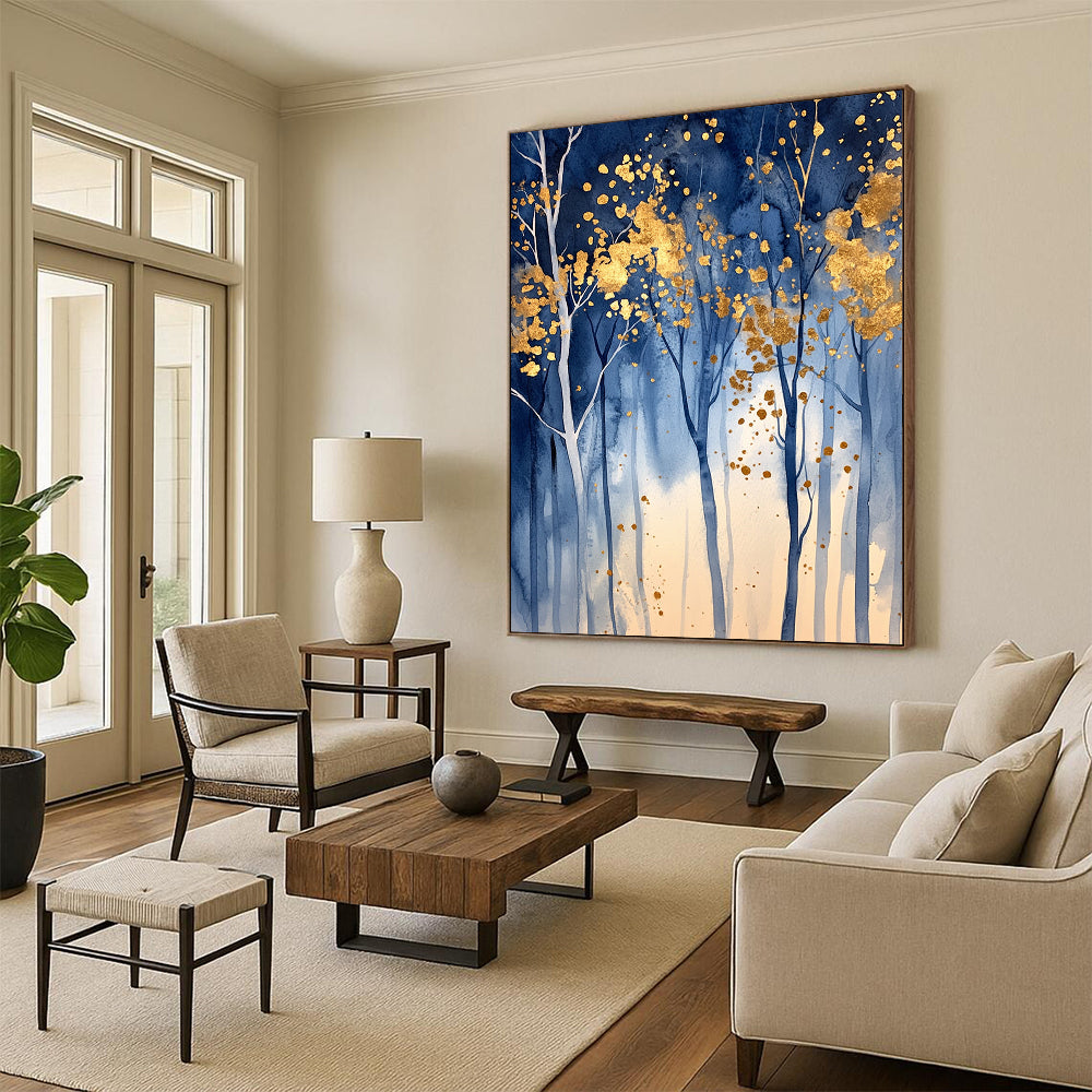 Contemporary hand-painted abstract artwork featuring an enchanted blue forest with golden leaf accents and soft lighting that evokes tranquility and magic. DLZ0326