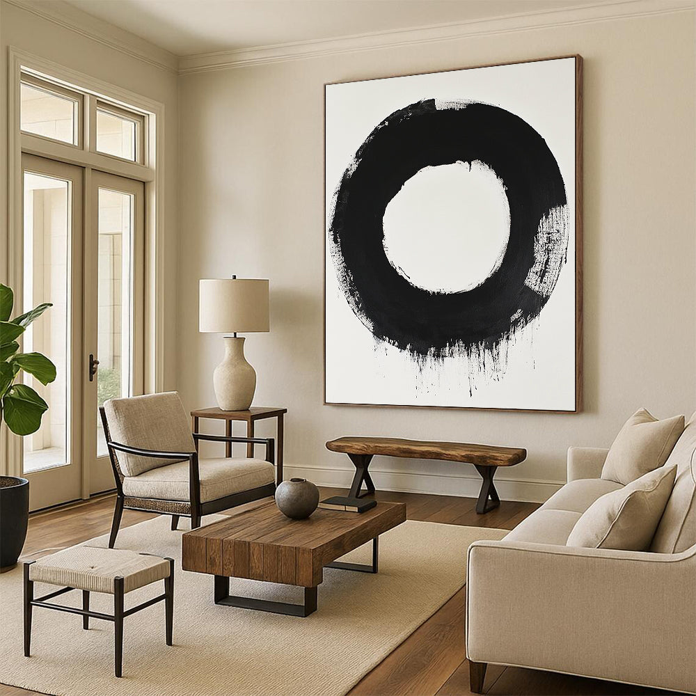 Black and White Bold Circle "Zen Simplicity" Painting On Canvas HB262