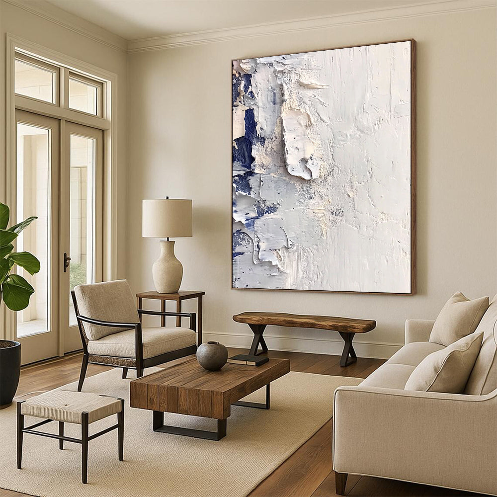 Large contemporary hand-painted abstract artwork featuring white snow and ice with thick impasto textures reminiscent of Richard Schmid's style. DLZ0676