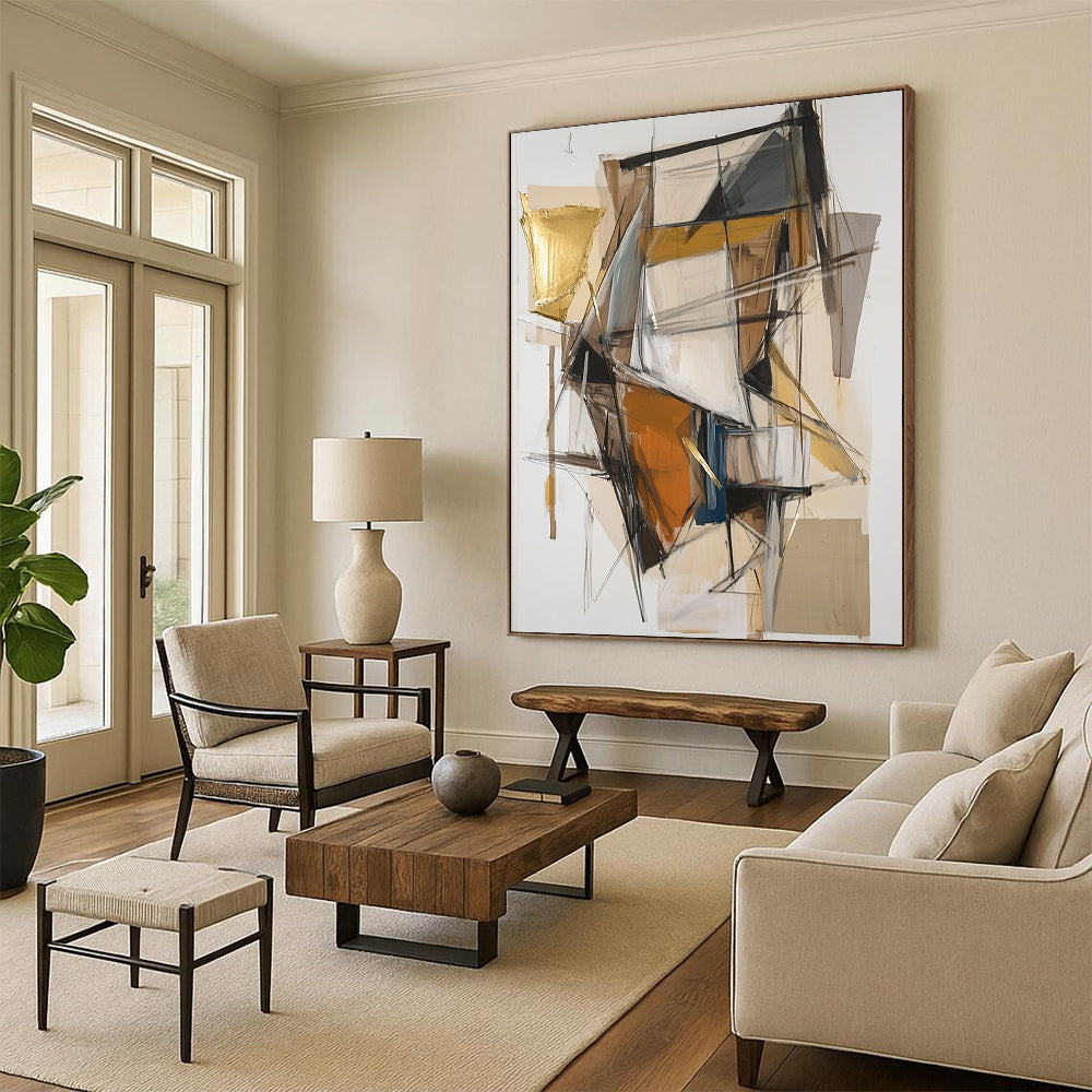 Earth - Toned Geometric Shapes with Gold Accents - “Urban Mosaic Fusion” Painting On Canvas HB201