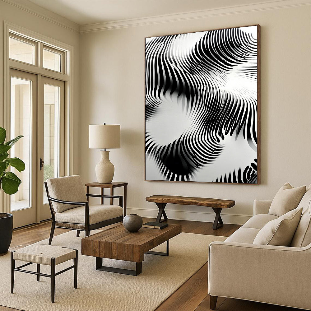 Black and White Wavy Lines "Optical Flow" Painting On Canvas HB263