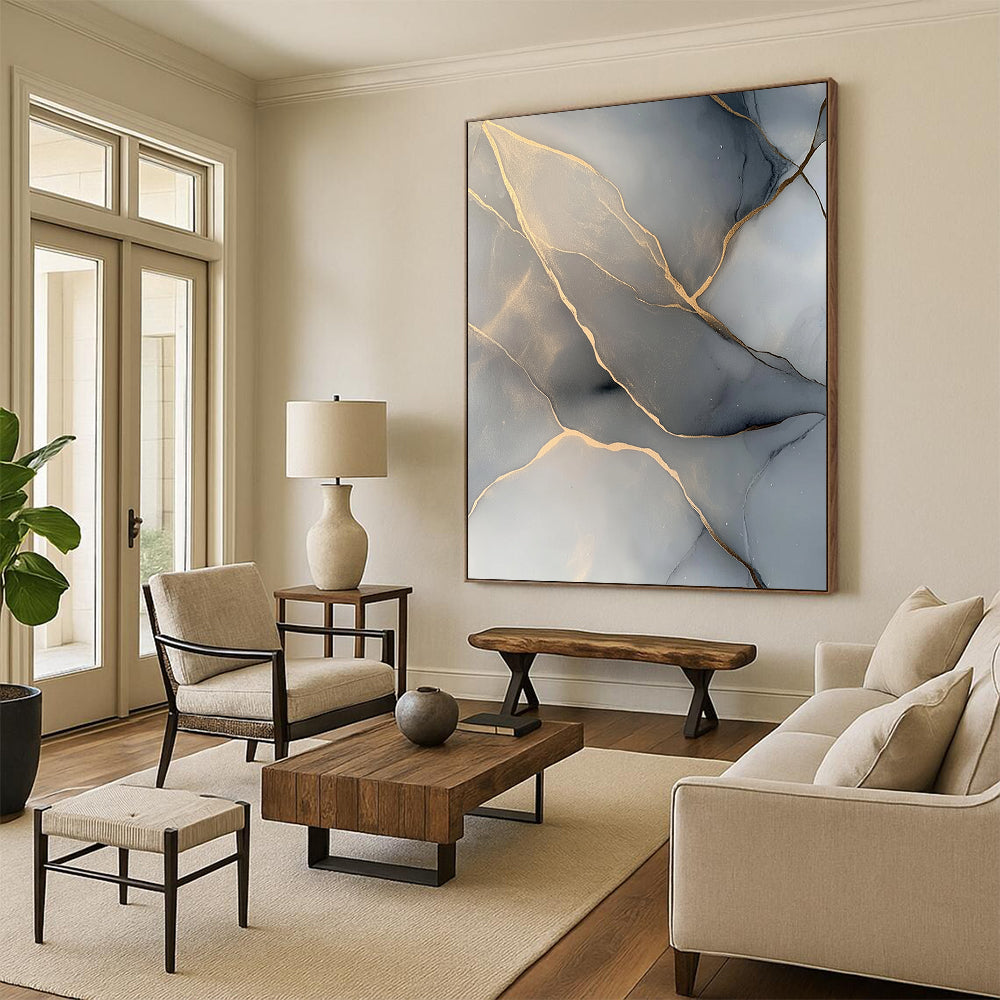 Gray, Gold, Veined Patterns "Marble Majesty" Abstract Painting On Canvas HB040