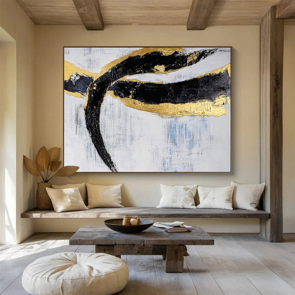 Black, Gold, Blue and White Abstract Swirls "Opulent Motion" Painting On Canvas HB0414