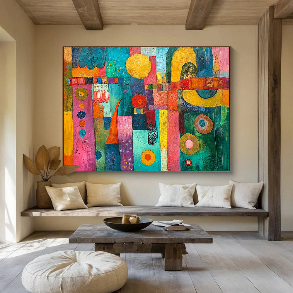 “Vibrant Colorful Mosaic” - Pink, Blue, Yellow, Mixed Patterns - Folk - Inspired Acrylic Painting HB1521