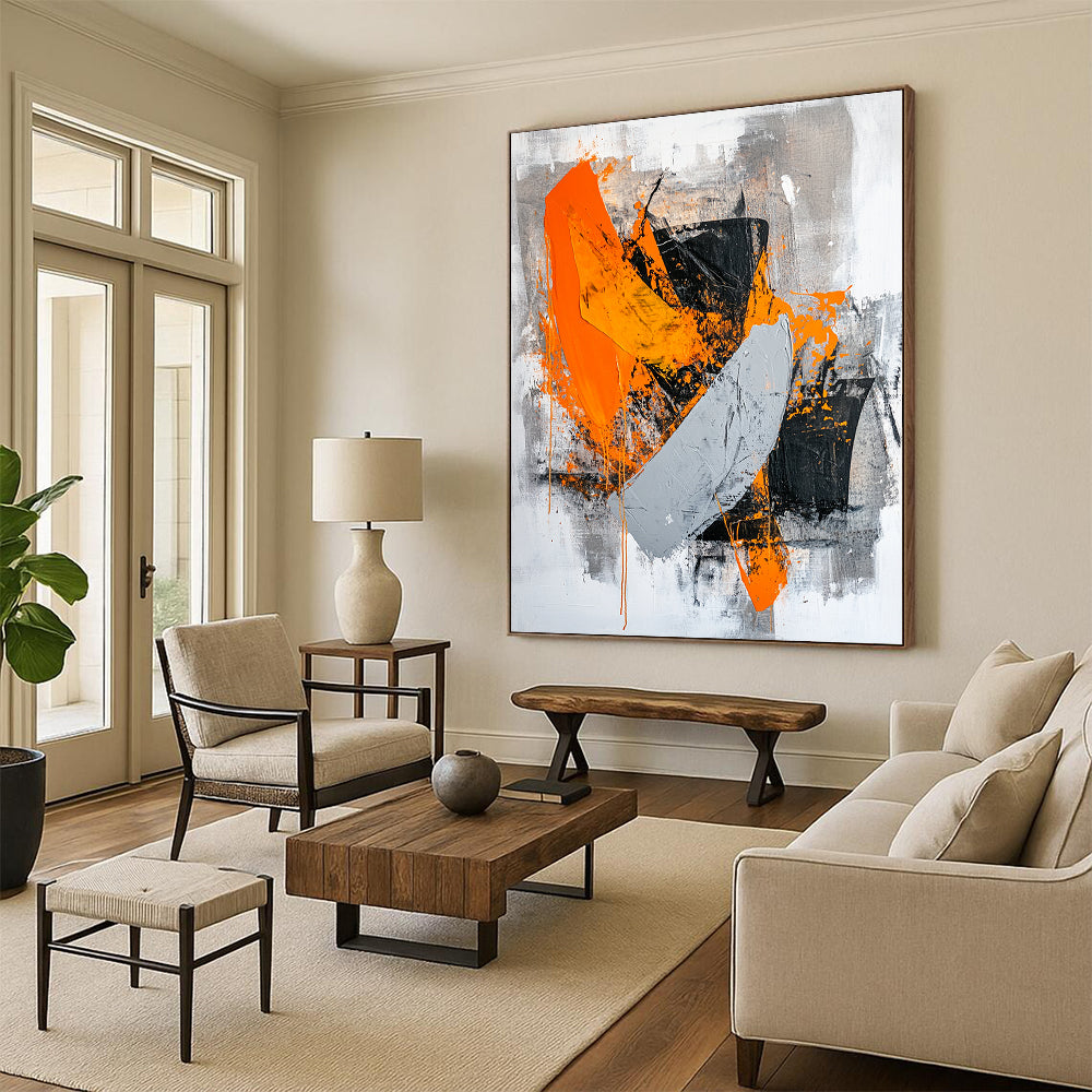 Black, Gray, Orange and White Bold Brushstrokes "Fiery Passion" Painting On Canvas HB329