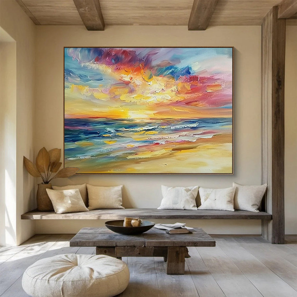 “Vibrant Sunset Sea” - Bold Orange, Pink, Purple, Blue, Impressionistic Sunset Beach Painting On Canvas HB0981