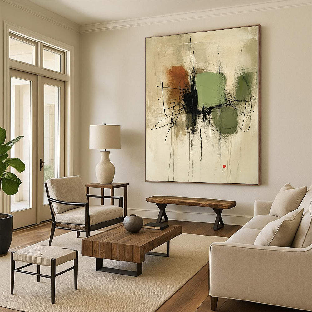 Large contemporary hand-painted abstract artwork featuring green and brown shapes on a beige background with black lines and a small red accent. DLZ1333