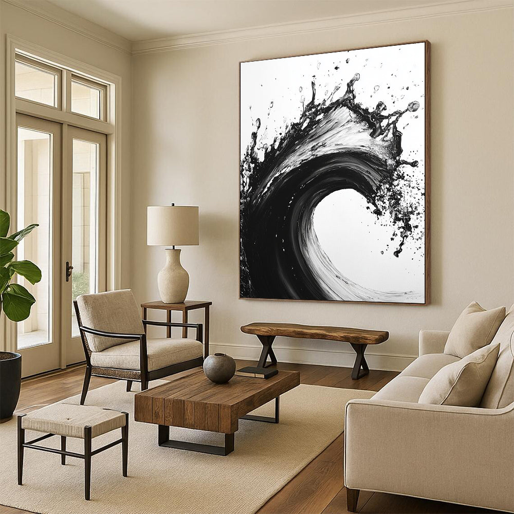 Black and White Explosive Wave "Wild Surge" Painting On Canvas HB286