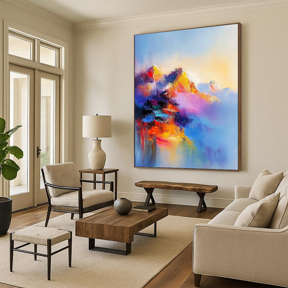 Contemporary abstract oil painting featuring an ethereal mountain range in vibrant colors with misty atmosphere and dreamlike light effects. DLZ0459